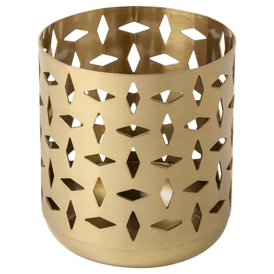 GOKVÄLLÅ golden tealight holder, cylindrical with diamond pattern.