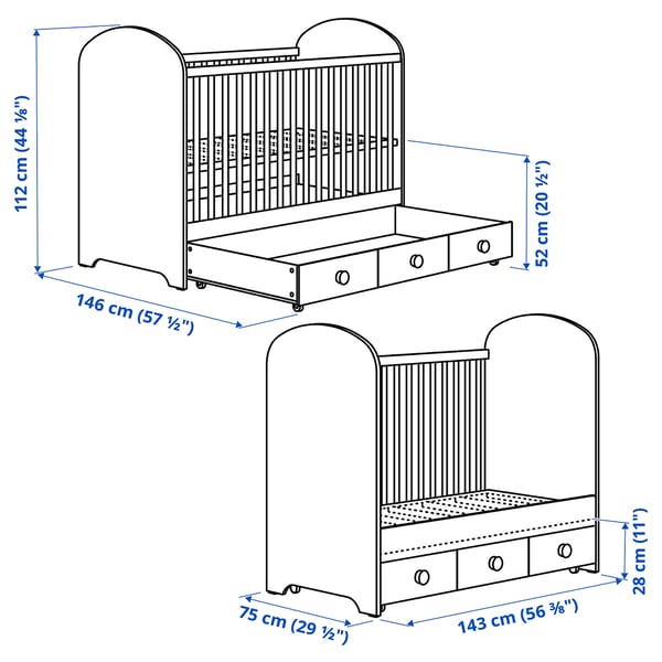 GONATT Cot with drawer, white, 70x140 cm