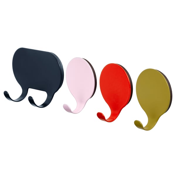 Four colourful wall hooks: blue, pink, red, and yellow. Each is magnet-backed and steel-made with a unique, curvy design.