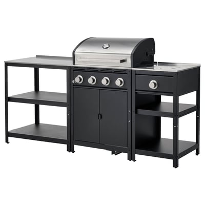 Modern outdoor kitchen setup with black metal shelves, a stainless steel gas grill, and a side burner.