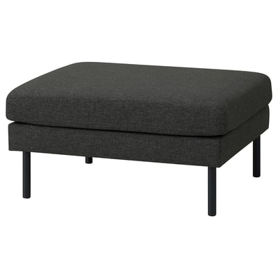Dark grey GRILLSTORP footstool with rounded edges, durable fabric, black metal legs.