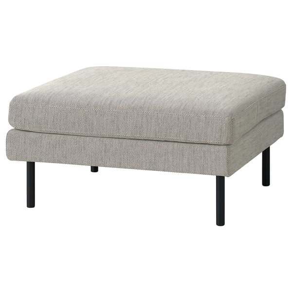 Gray fabric footstool with black metal legs, textured mélange