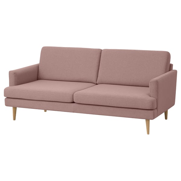 GRILLSTORP pink fabric sofa, modern design with high legs, 3-seater, cozy & comfy.