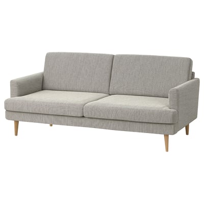 Modern gray sofa, GRILLSTORP, light wood legs, soft cushions.
