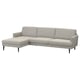 GRILLSTORP sofa: light gray l-shaped, textured fabric, wooden legs, cozy seats.