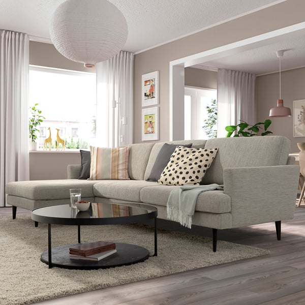 Living room, GRILLSTORP sofa, grey, fabric, l-shaped, cushions, glass table, rug