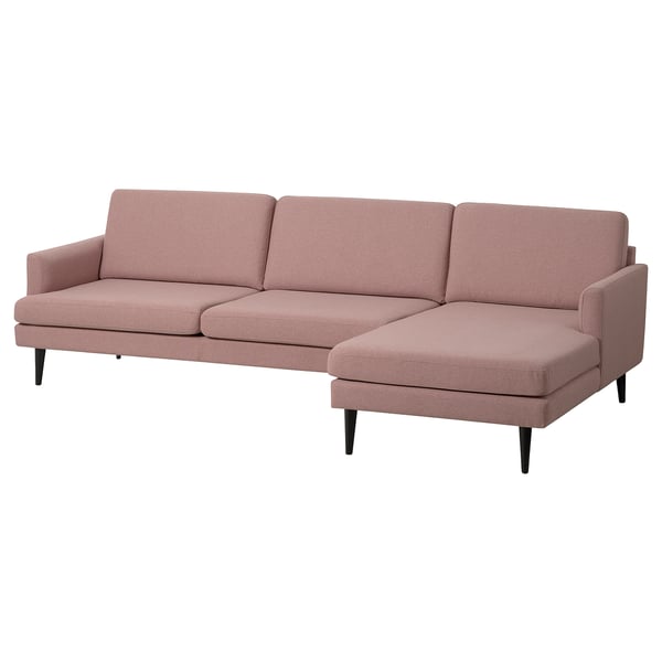 Pink fabric 4-seat sofa with right chaise, wooden legs, modern shape.