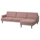 Pink fabric 4-seat sofa with right chaise, wooden legs, modern shape.