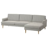 Modern grey l-shaped sofa with light wood legs, clean lines, and inviting cushions.