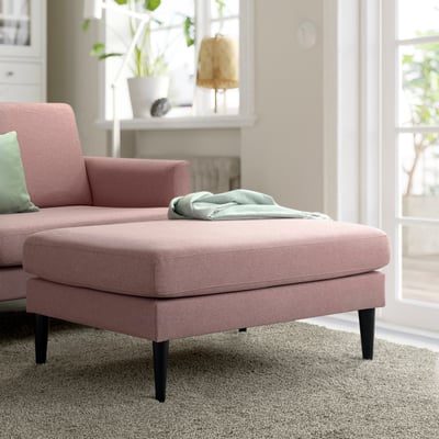 GRILLSTORP pink fabric sofa & ottoman, modern design, cosy cushions, fits well in bright room.