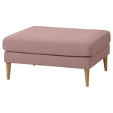 GRILLSTORP pink fabric ottoman with wooden legs, square shape, cozy and inviting.