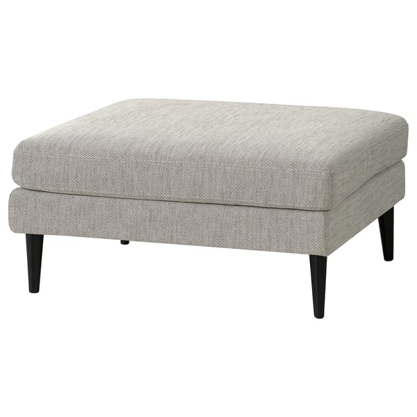 Minimalist GRILLSTORP footstool in light grey fabric with black legs.