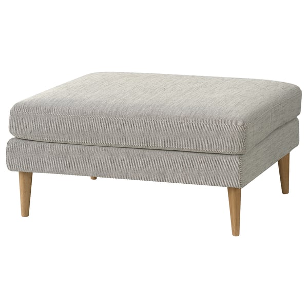 Square gray fabric ottoman with wooden legs.