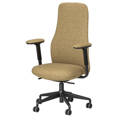 Modern office chair, beige, fabric with black metal base, adjustable back and armrests, five castors.