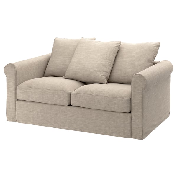 GRÖNLID loveseat, beige, textured fabric, rolled arms, two cushions.