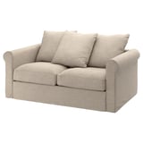 GRÖNLID loveseat, beige, textured fabric, rolled arms, two cushions.