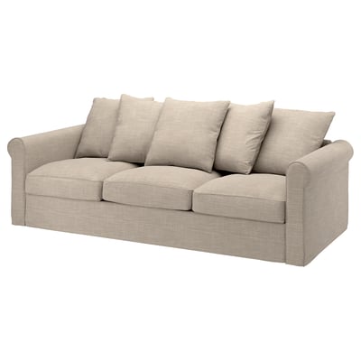 GRÖNLID sofa, beige, rolled arms, plush cushions, neutral fabric.