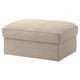 Depicts a beige-colored, rectangular-shaped footstool with a padded, textured fabric cover. It has a simple, modern design with smooth, rounded edges.