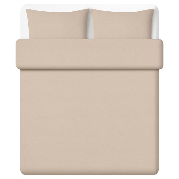 Top view of beige GROVSNÄRJA duvet set, featuring smooth, brushed cotton flannel with zipped closures.