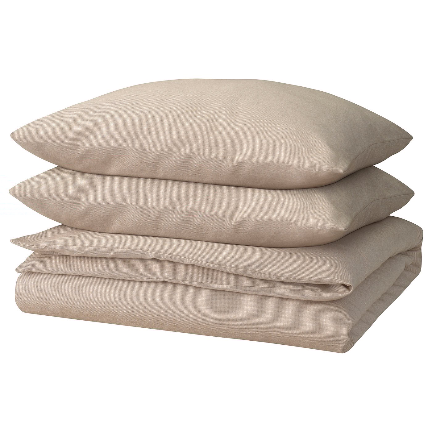 Beige GROVSNÄRJA bed set, made of 100% cotton, with duvet and two pillows, neatly folded.