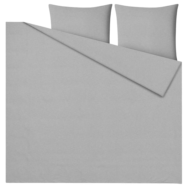 Image shows a grey grovsnarja bedding set in minimalist design, made of 100% recycled cotton.