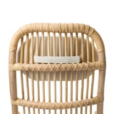 Wicker chair with cushions: securely tied, wipe-clean, comfortable seat & back, easy to remove cushion for washing.