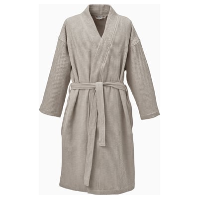 Robes GULDLÖNN beige, made with 50% recycled cotton, full-length, wide kimono sleeves, tie belt, textured waffle weave pattern.