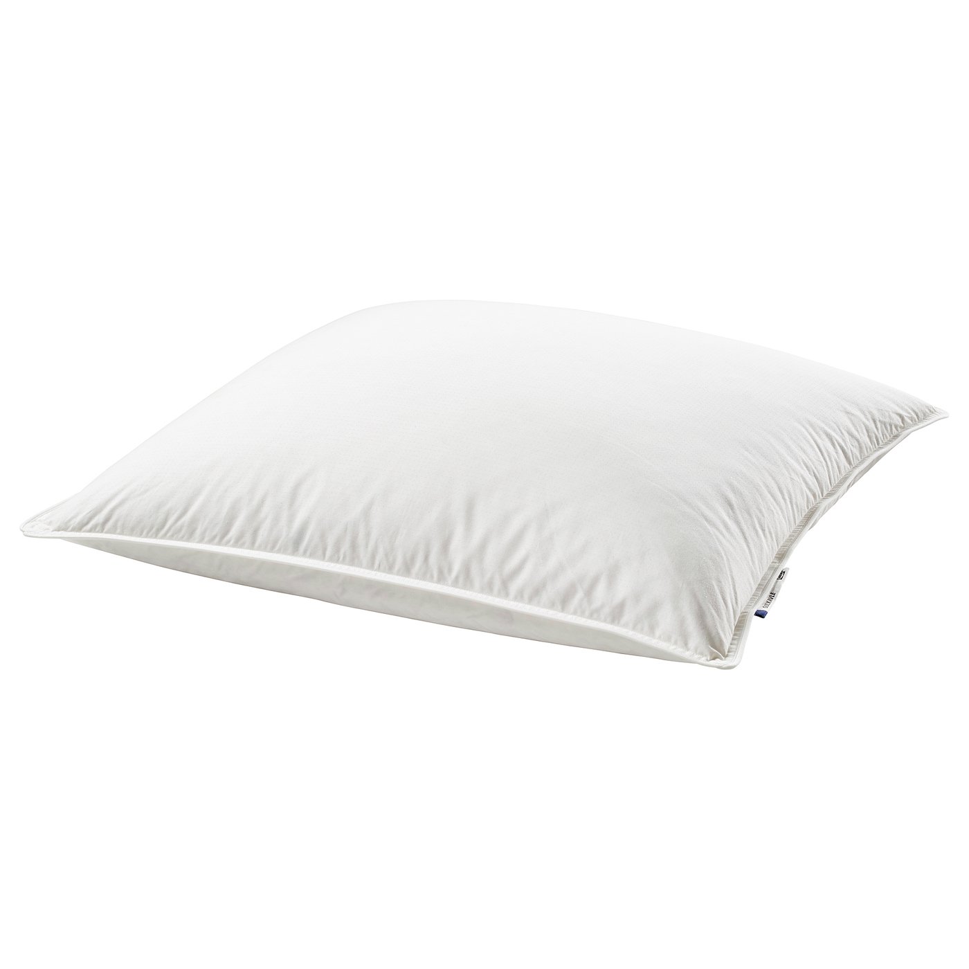 White pillow, square-shaped, plush with feathers and down, soft for side/back sleepers.