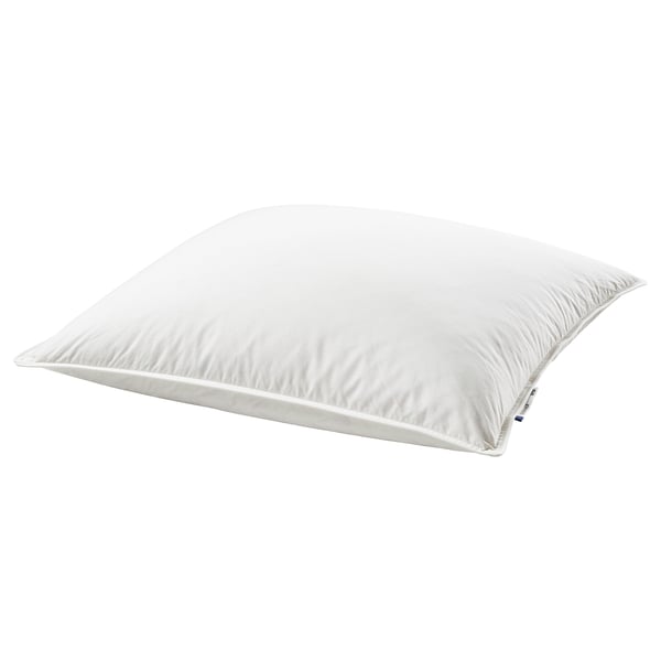 White pillow, square-shaped, plush with feathers and down, soft for side/back sleepers.