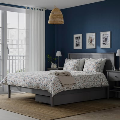 GULLABERG Bed frame with 2 storage boxes, grey/Lönset, 180x200 cm