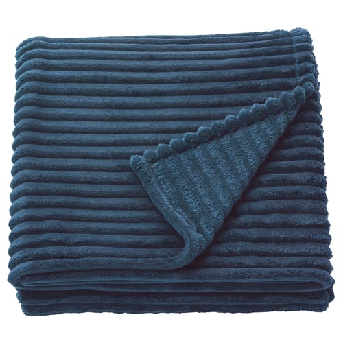 Dark blue GULLSTRÅLE bed spread, folded, soft texture, horizontal stripes, rectangular shape.