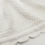 Close-up soft white knitted blanket, textured, intricate stitch design.