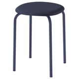 Blue GULTARP stool with round, padded seat on four slim, metal legs. Modern, stackable design.