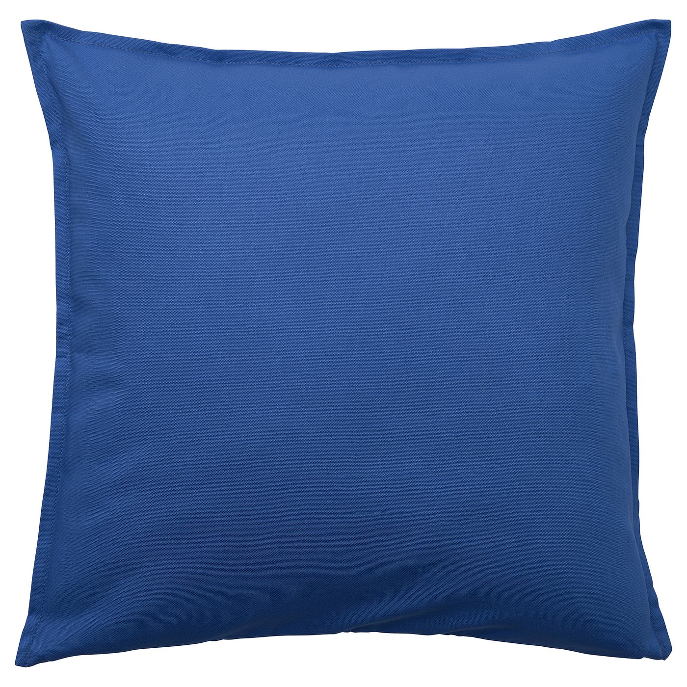 A blue GURLI square throw pillow. It has a zipper and is made of recycled cotton.