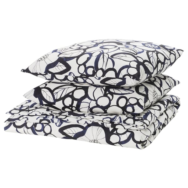 HÄRLIR black/blue floral bed set; squares with eco cotton/lyocell.