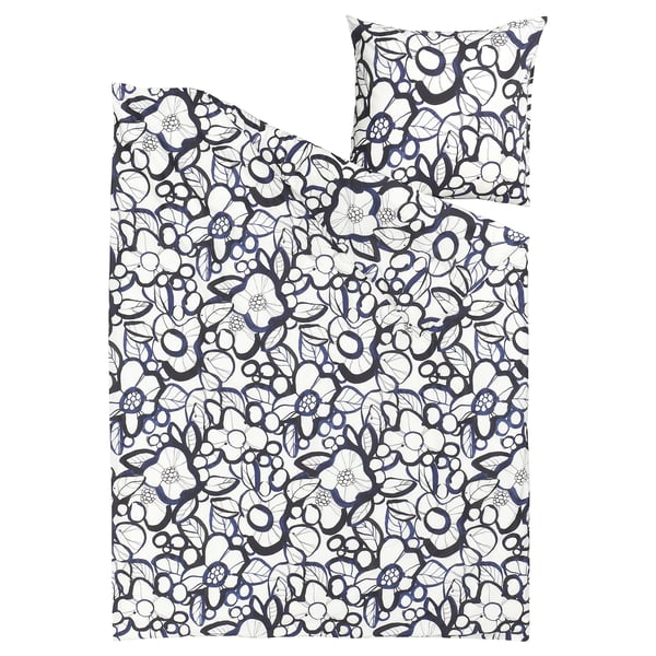 HÄRLIR duvet set, black/white floral, rectangular, cotton/lyocell blend.