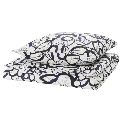 HÄRLIR duvet set: black/blue floral, recycled cotton/lyocell, rectangular, patterned.