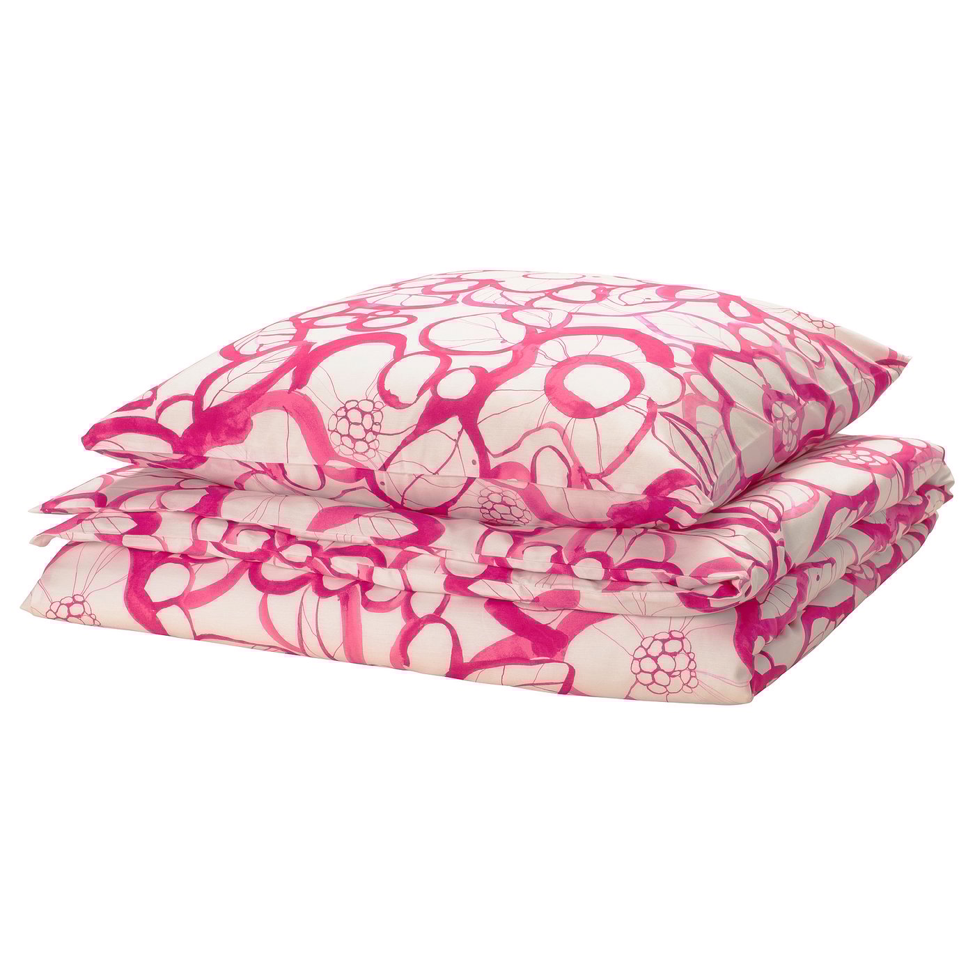 Pink HÄRLIR bedding set with flowery design, made from recycled cotton and lyocell.