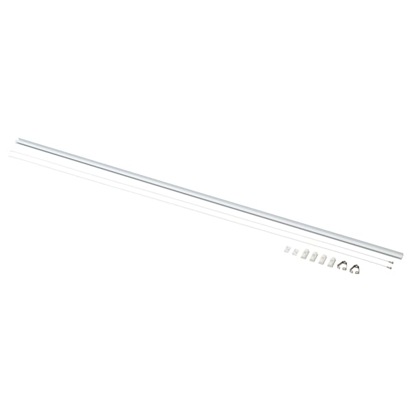 A silver aluminum suspension rail kit by HAGHED, including hooks, for hanging pictures.