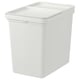 Option: A white HÅLLBAR waste sorting bin with a lid and handle. Made of recycled plastic, its rectangular with rounded corners for easy cleaning.