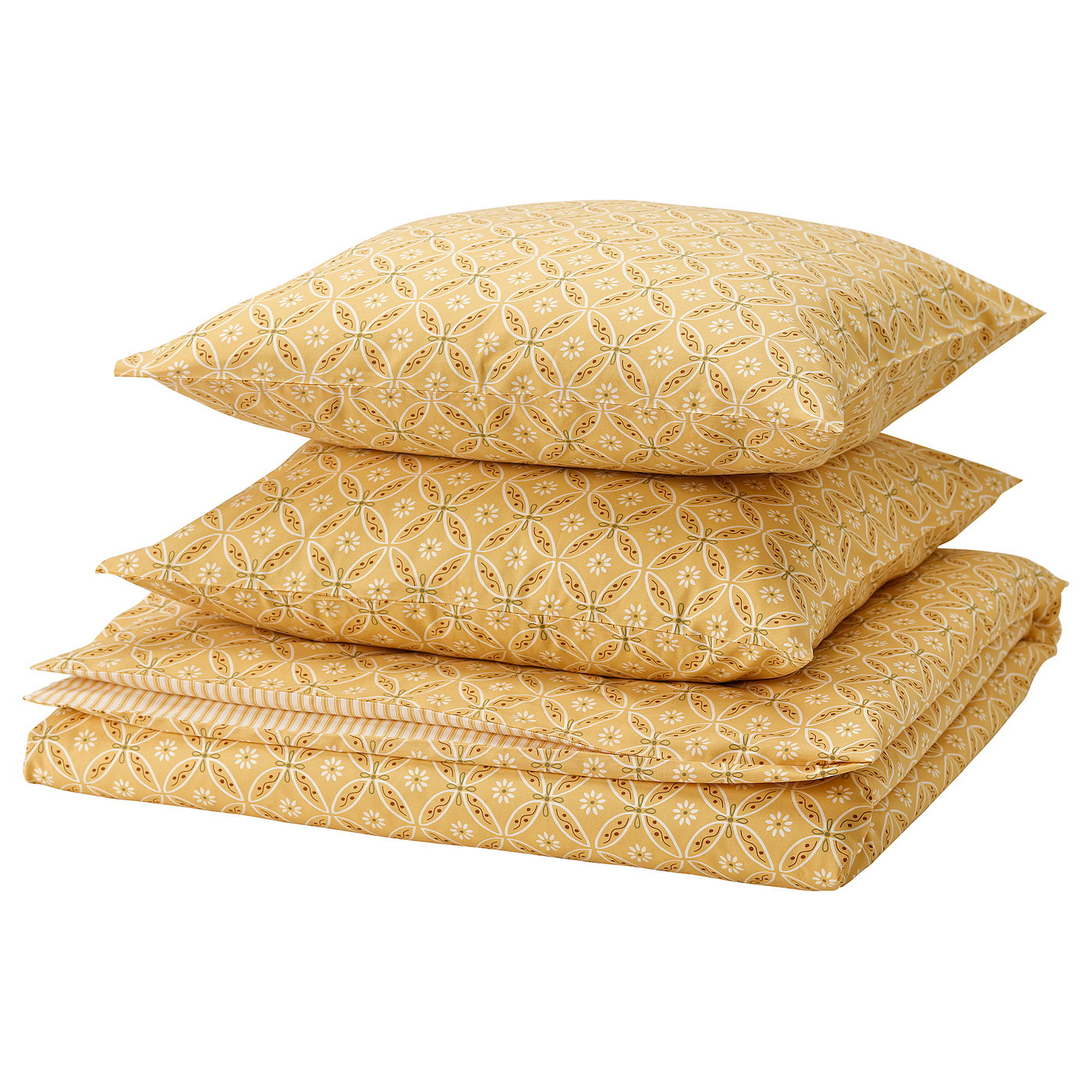 A stack of yellow mustard-colored bedding: 2 pillows and a flat sheet with floral patterns, made of cotton and viscose.