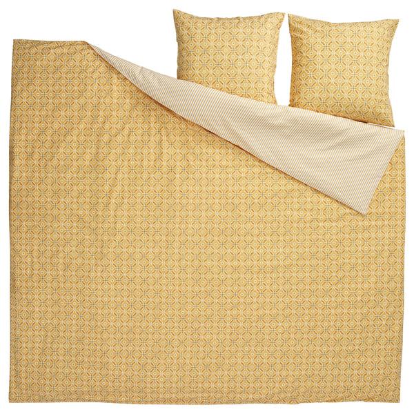 Yellow HAMNSENAP bedding set with geometric pattern, 100% cotton blend, includes duvet cover and 2 pillows.