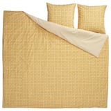 Yellow HAMNSENAP bedding set with geometric pattern, 100% cotton blend, includes duvet cover and 2 pillows.