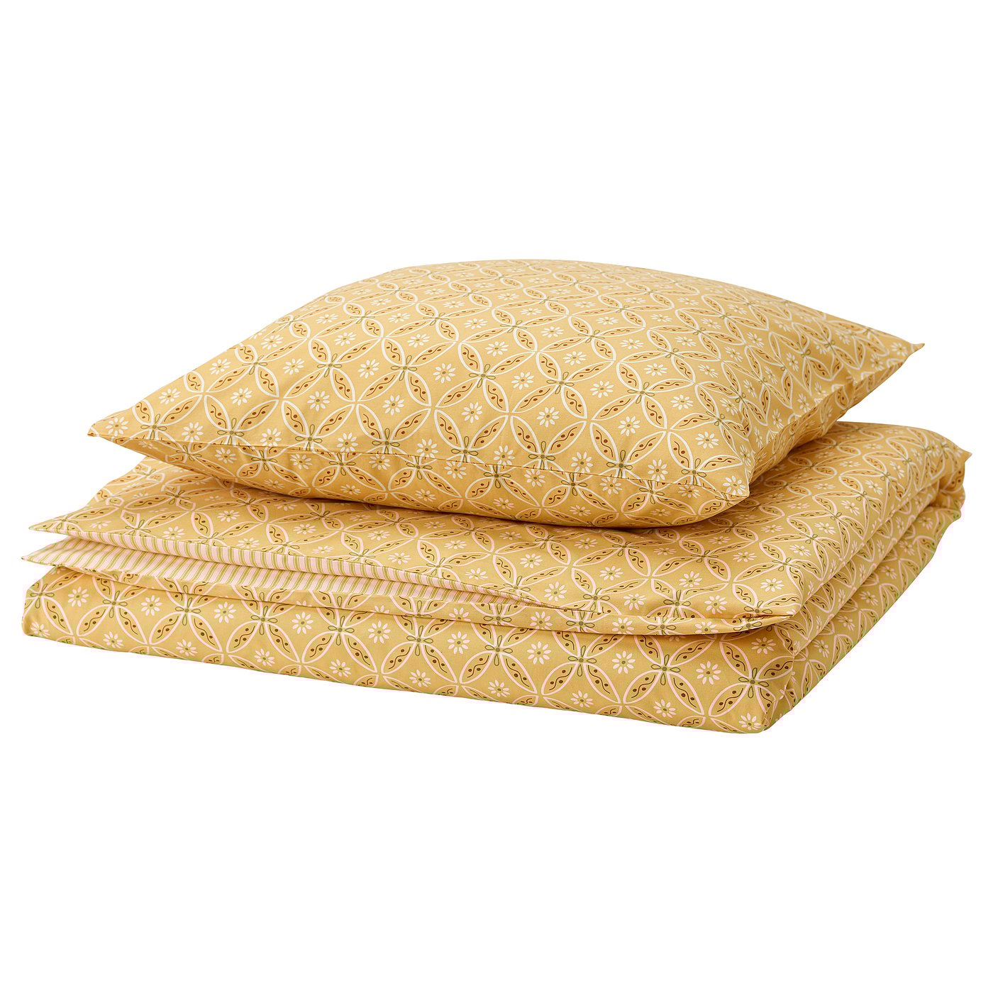 Mustard yellow bedding set with floral print, 2 pillows, soft cotton-viscose blend.
