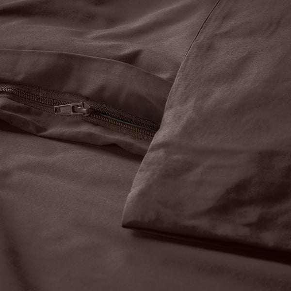 Brown duvet cover with zipper closure, showing crisp cotton percale weave.