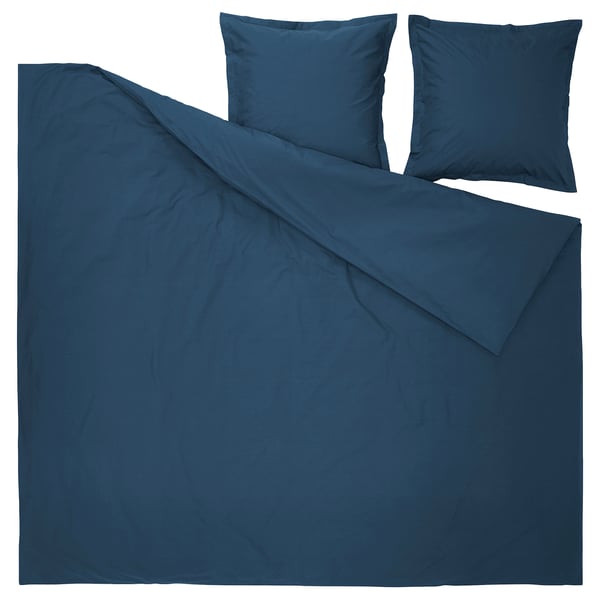 A dark blue bedding set featuring a duvet cover and two pillowcases, made of 100% cotton, with a zipper closure and simple design.