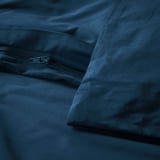 Close-up of dark blue duvet with full-length zipper closure, showcasing its crisp percale weave in a sophisticated, neutral style.