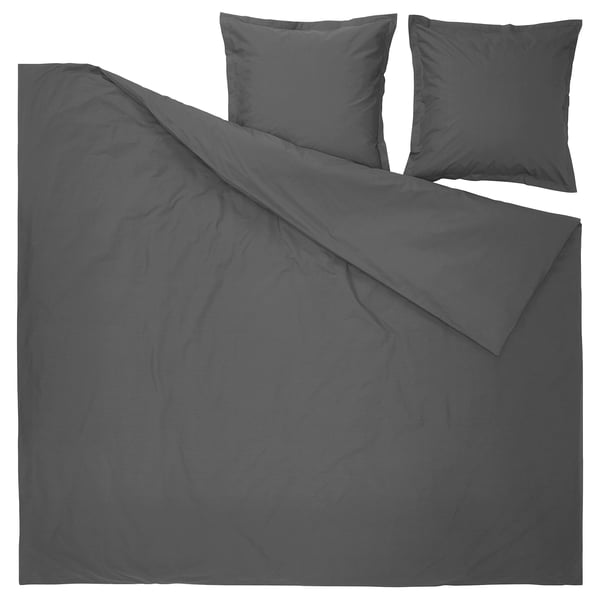 Dark grey duvet cover set with two matching pillowcases, zipper closure.