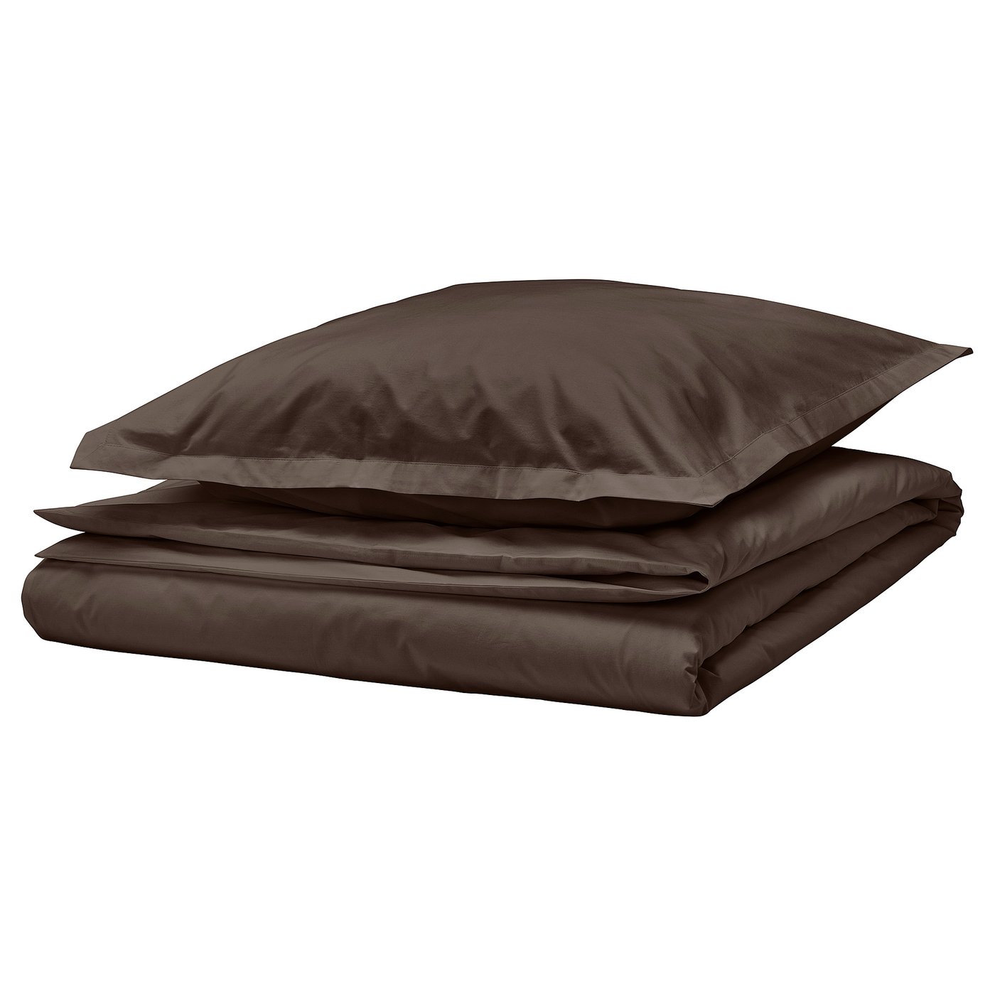 Dark brown HAMPFLOCKEL duvet set, neat square folded with pillowcases, crisp cotton percale.