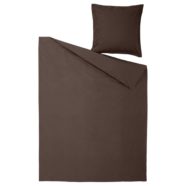 HAMPFLOCKEL duvet set in dark brown, made of 100% cotton. . Includes one large rectangular duvet cover and one smaller square pillowcase.